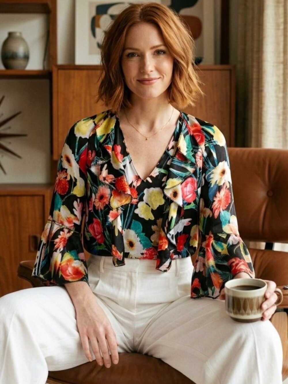 Ellie Tahari Faith Floral Satin Silk Blend Bell Sleeves Burnout Blouse
